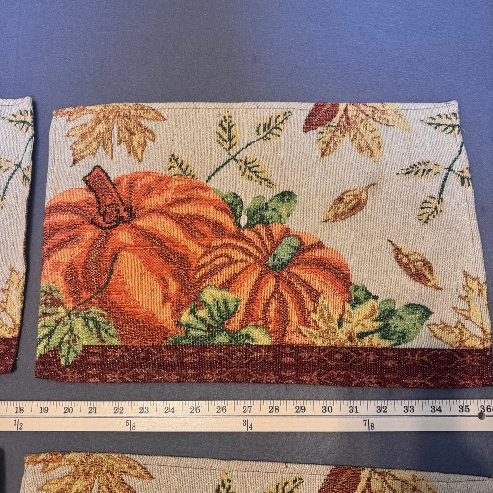 4 Fabric Fall Harvest Placemats Gold Metallic Shimmer Pumpkins Thanksgiving READ